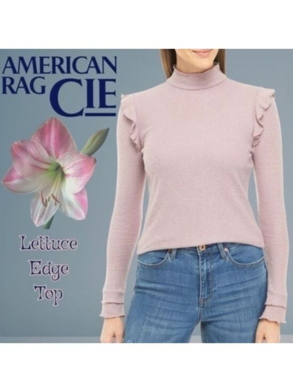 AMERICAN Rag Ribbed Long Sleeve Lettuce-Edge Top